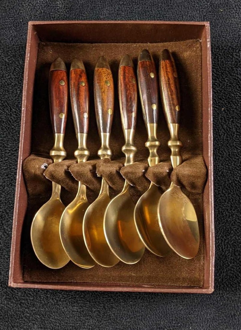 Small Spoons Brass with Rosewood Handles Set of 6 (1 of 3)