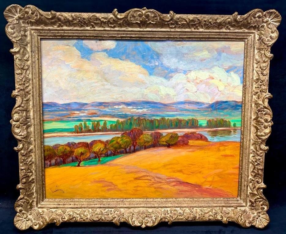 Riverside Landscape by József Pechán Original Oil: Riverside Landscape by József Pechán Original Oil This exquisite post-impressionist painting by Hungarian painter József Pechán in oil on cardboard, is titled Riverside Landscape. The piece was mo