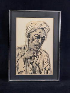 Pen Sketch of a Man in a Turban: Pen Sketch of a Man in a Turban Sketch of a man wearing a turban, done in pen and ink. The man is cut out around the edges and placed on a background of a differently textured paper. Unsigned, by un