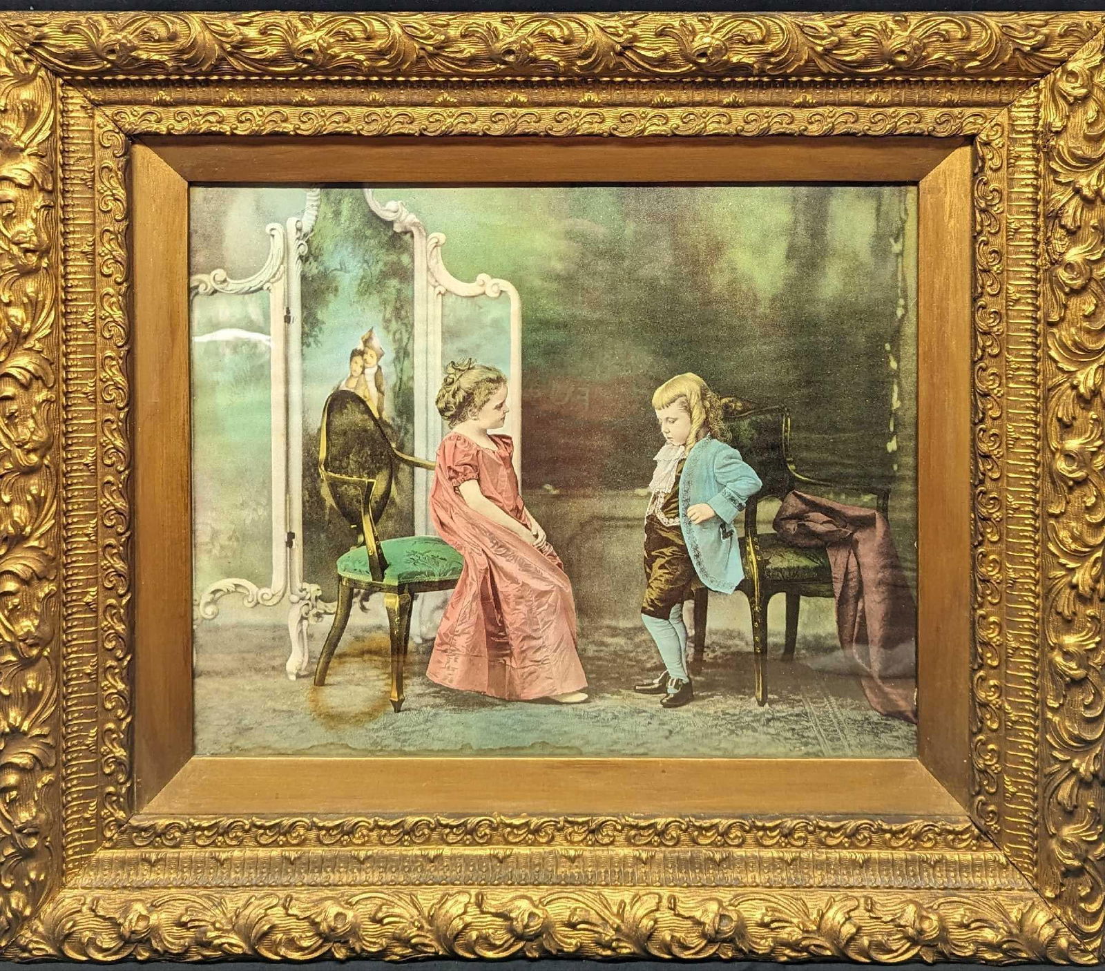 Vintage Colored Framed Etching Little Boy & Girl (1 of 5)