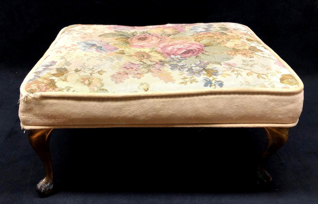 Vintage Velvet Needlepoint Brass Legged Footstool (1 of 7)