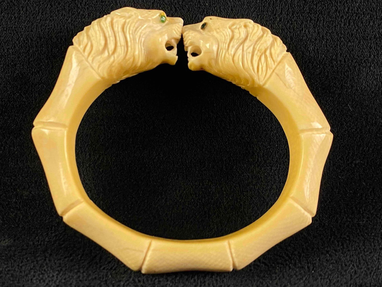 Antique Natural Bone Lion Heads Emerald Eyes Bamboo Pattern Bangle: Antique Natural Bone Lion Heads Emerald Eyes Bamboo Pattern Bangle Natural High Quality Natural Emerald Hand Carved 16 mm Wide 52.3 Grams 2.5" Inner Beautiful Color Very Detaile