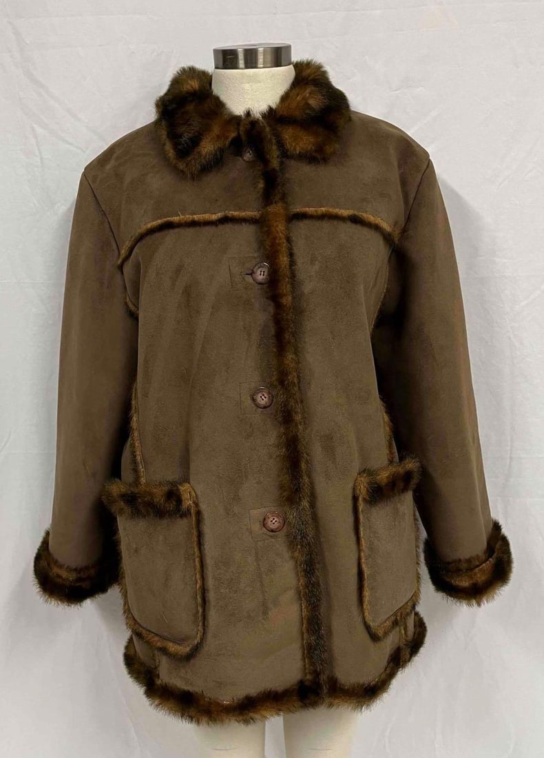 Jones New York Size XL Faux Fur Trim Chocolate Brown Suede Mid-Length Coat (1 of 15)
