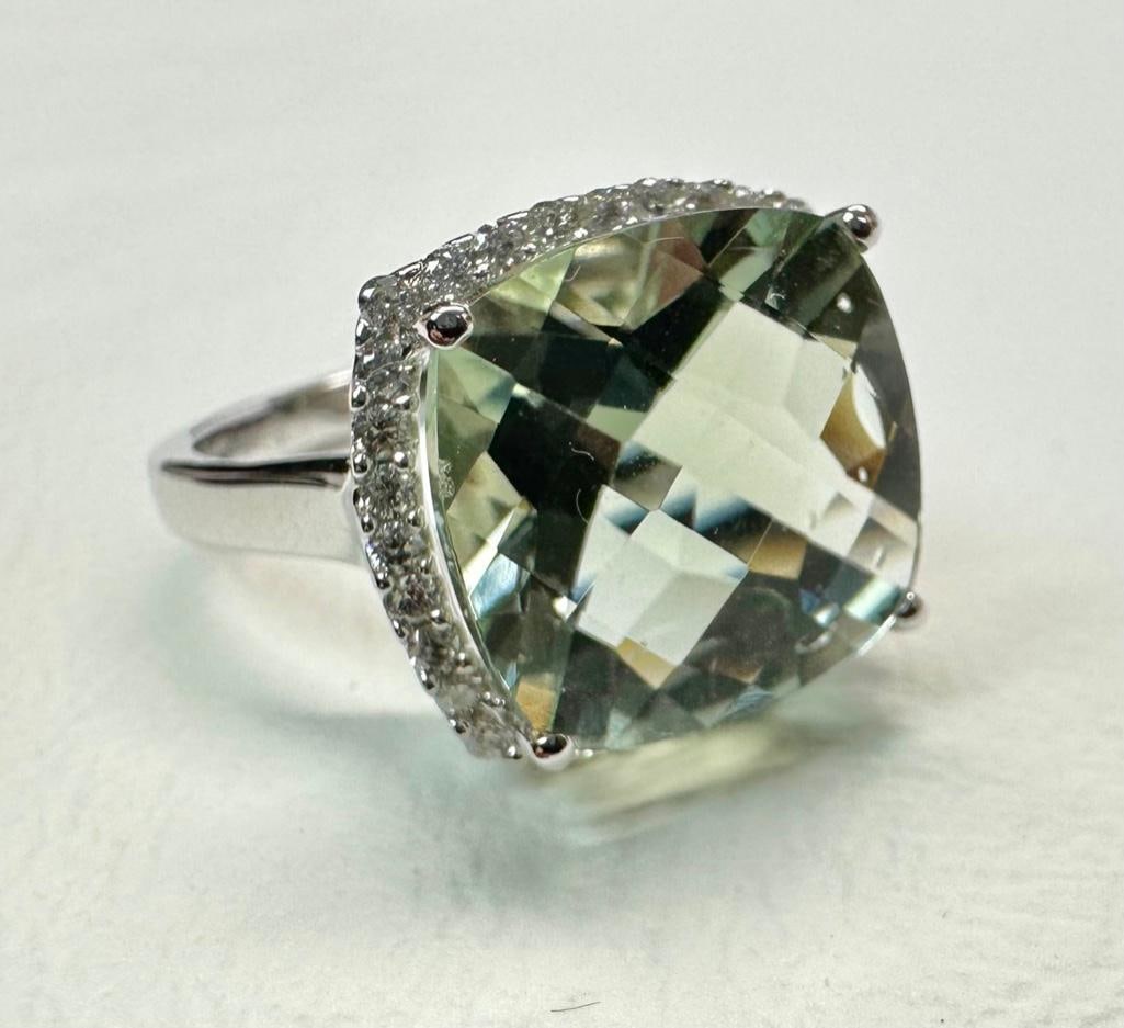 14k White Gold 6 Carat Green Tourmaline Ring: This piece of jewelry has been tested and researched prior to listing. Please view all our pictures they are part of our description. DETAILS: Metal - 14k White Gold Color - White/Silver Stones - Gree