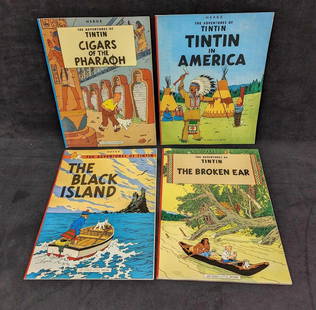 4 English Herge The Adventures Of Tintin Softcover Comics C: 4 English Herge The Adventures Of Tintin Softcover Comics C. This lot includes:  (1) The Broken Ear. (1) The Black Island. (1) Cigars Of The Pharaoh. (1) Tinti