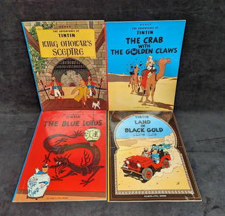 4 English Herge The Adventures Of Tintin Softcover Comics E: 4 English Herge The Adventures Of Tintin Softcover Comics E. This lot includes:  (1) Land Of Black Gold. (1) The Blue Lotus. (1) King Ottokar&#39;s Sceptre. (1