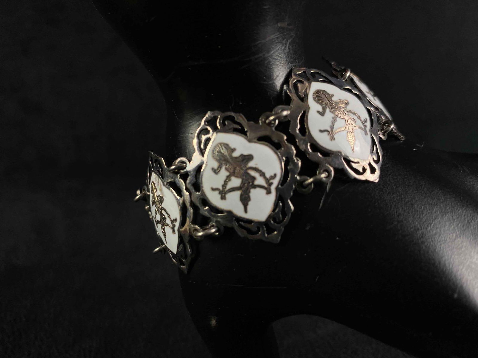 Antique Amfarco Siam Niello Dancer Sterling & White Enamel Bracelet (1 of 11)