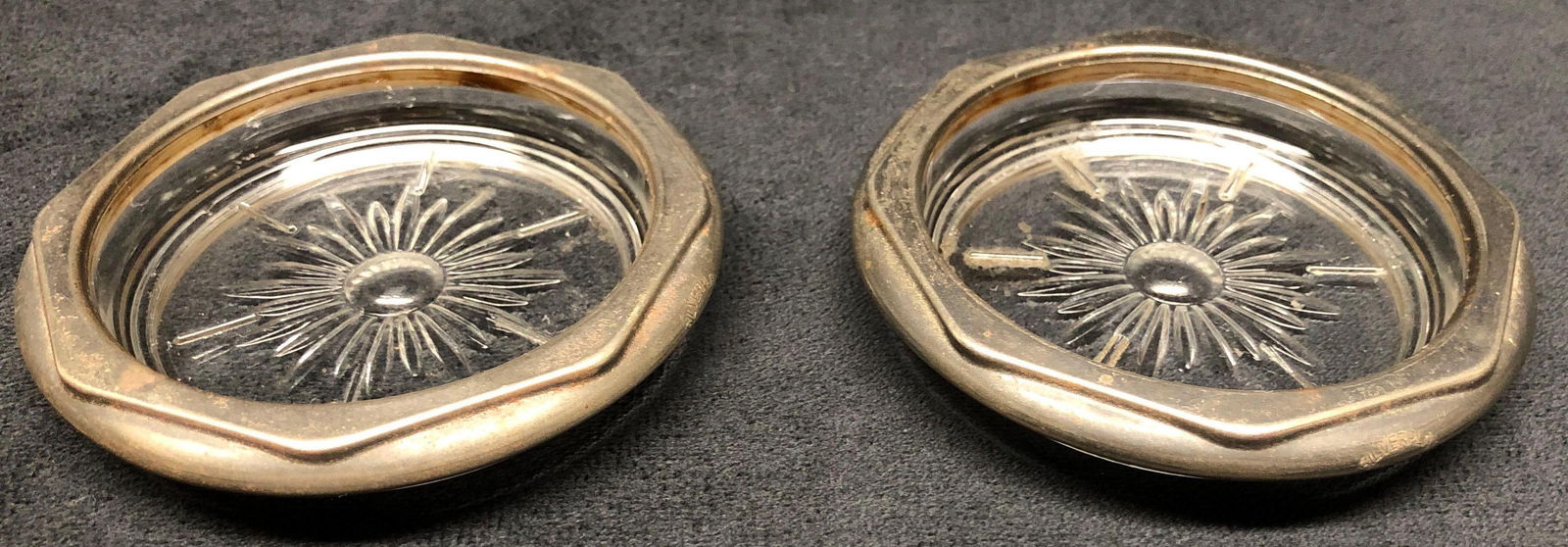 Pair Vintage MCM Clear Cut Glass Silver Plate Coasters (1 of 7)