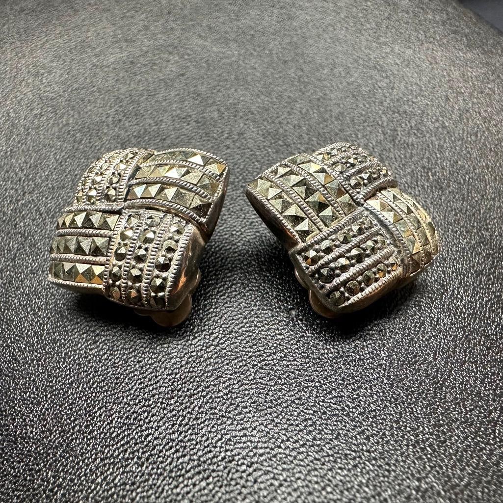 Sterling Silver Marcasite Square Clip-On Earrings: This piece of jewelry has been tested and researched prior to listing. Please view all our pictures they are part of our description. DETAILS: Metal - Sterling Silver Color -Silver Stones - Marcasite 
