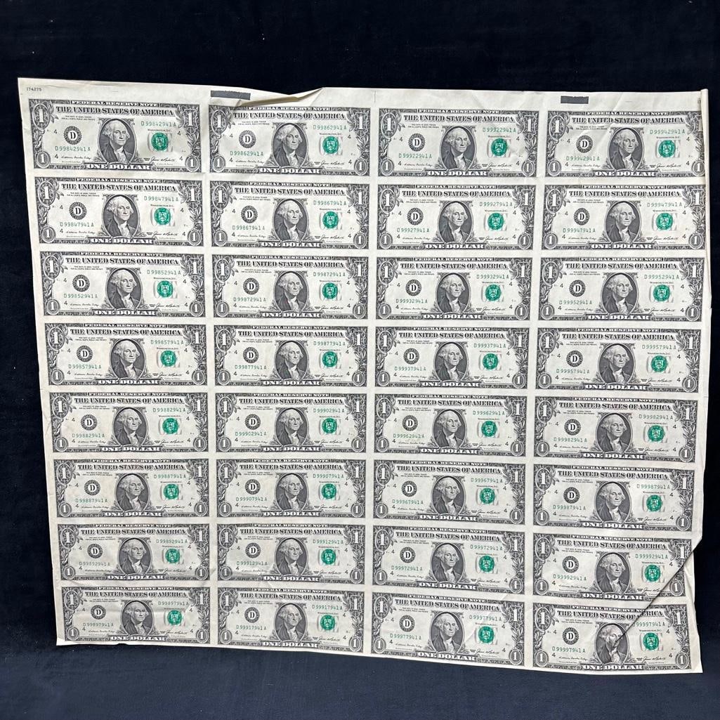 Uncut 1985 Full Sheet Of $1 Bills (Cleveland): These coins have been tested and researched to the best of our ability prior to listing. Please view photos, as they are a part of the condition. DETAILS: Size - 21.5" x 24.75" Denomination - 