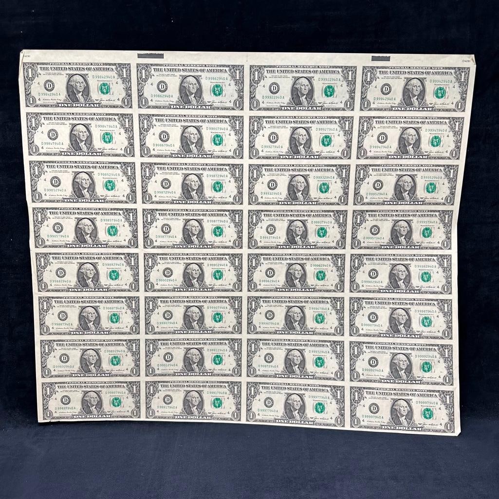 Uncut 1985 Full Sheet Of $1 Bills (Cleveland): These coins have been tested and researched to the best of our ability prior to listing. Please view photos, as they are a part of the condition. DETAILS: Size - 21.5" x 24.75" Denomination - 