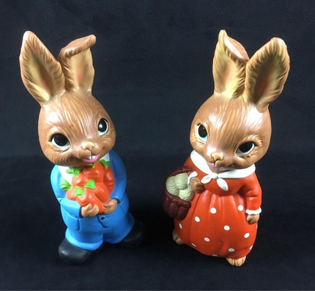 Vintage Hand Painted Paper Mache Bunny Couple, Marked Japan: Vintage Hand Painted Paper Mache Bunny Couple, Marked Japan; this cute couple is marked "MY" and "Hand made in Japan". Both figures are in excellent condition with a smooth finish and 