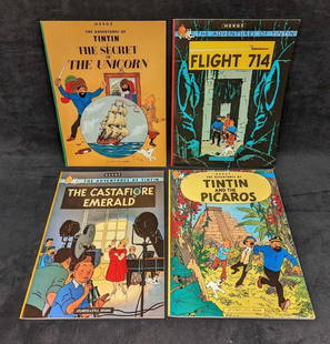 4 English Herge The Adventures Of Tintin Softcover Comics D: 4 English Herge The Adventures Of Tintin Softcover Comics D. This lot includes: (1)Tintin And The Picaros. (1) The Castafiore Emerald. (1) The Secret Of The Unicorn.