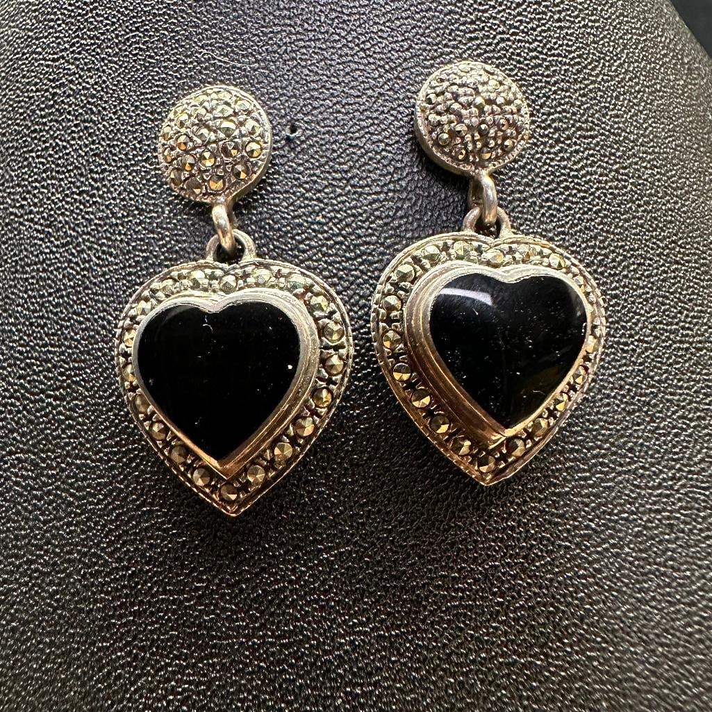 Sterling Silver Marcasite Heart Earrings: This piece of jewelry has been tested and researched prior to listing. Please view all our pictures they are part of our description. DETAILS: Metal - Sterling Silver Color -Silver Stones - Marcasite 