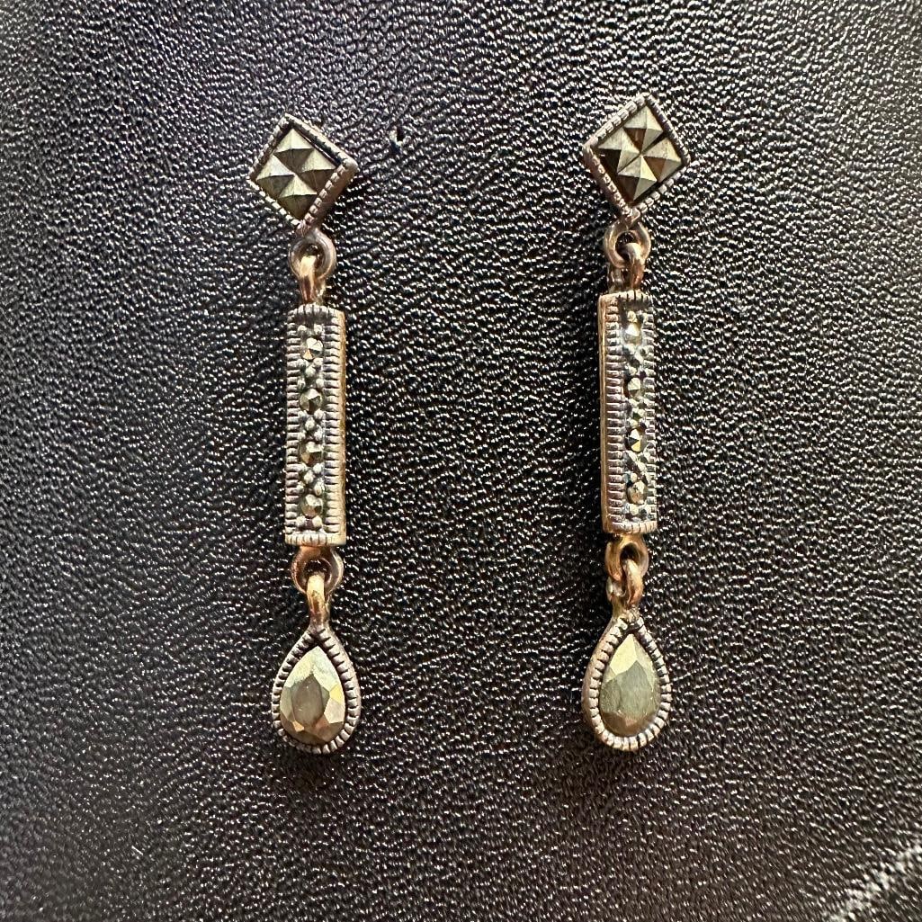 Sterling Silver Slender Marcasite Dangle Earrings (1 of 1)