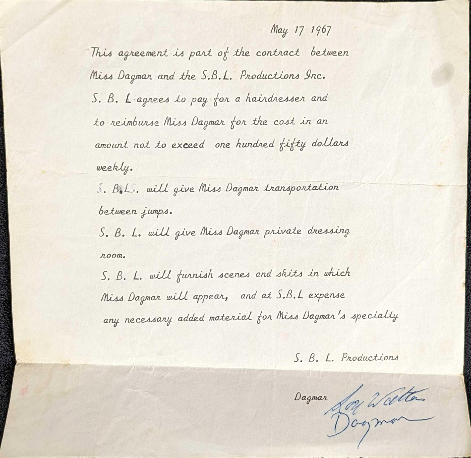 Dagmar Signed Contract From 1967: Dagmar Signed Contract From 1967. Is approx 8 1/2" x 8 1/2" and it weighs 0.01b. The contract is in a good, vintage condition with some creases due to being placed in an envelope. There are al
