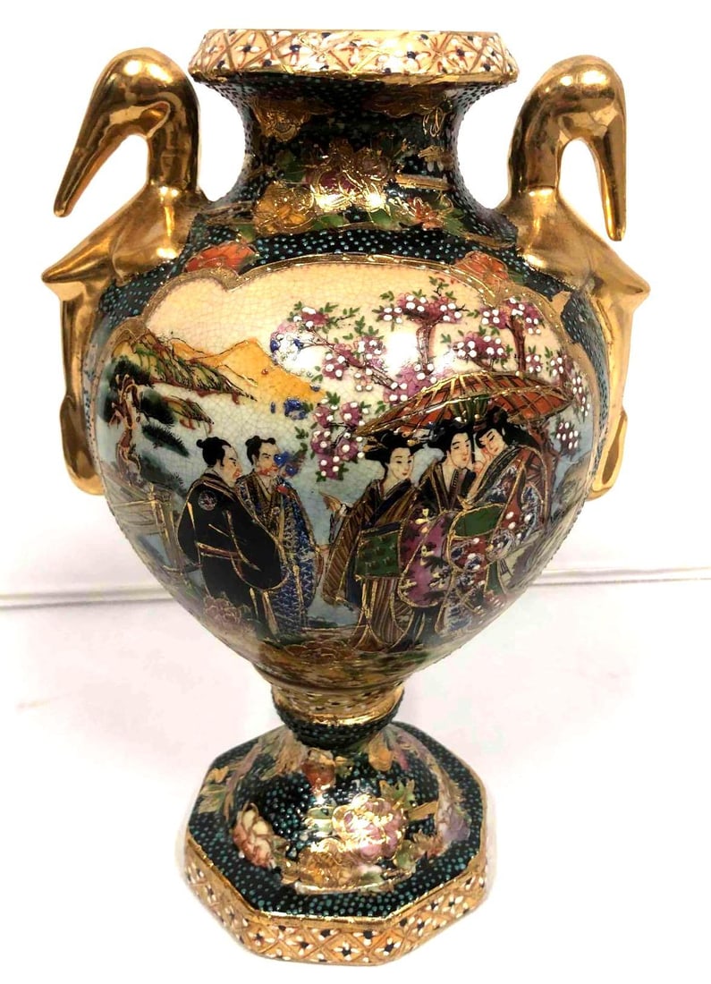 Japanese Style Royal Satsuma Gold Encrusted Decorative Vase With Bird Handles (1 of 7)