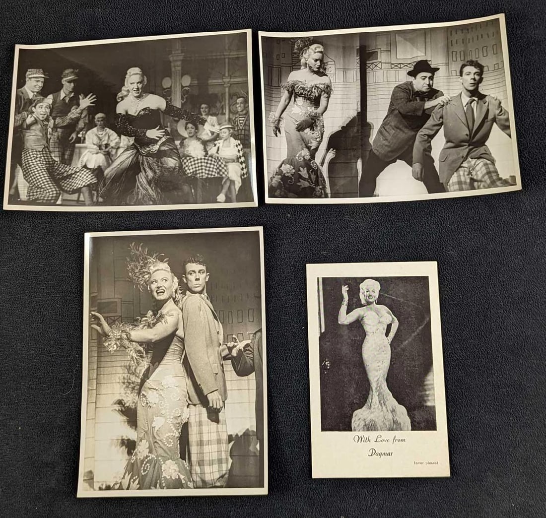 Four Vintage Dagmar Stage & Publicity Photos: Here are four black and white photos of Virginia Ruth "Jennie" Lewis (November 29, 1921 – October 9, 2001), known professionally as Dagmar, who was an American actress, model, and television