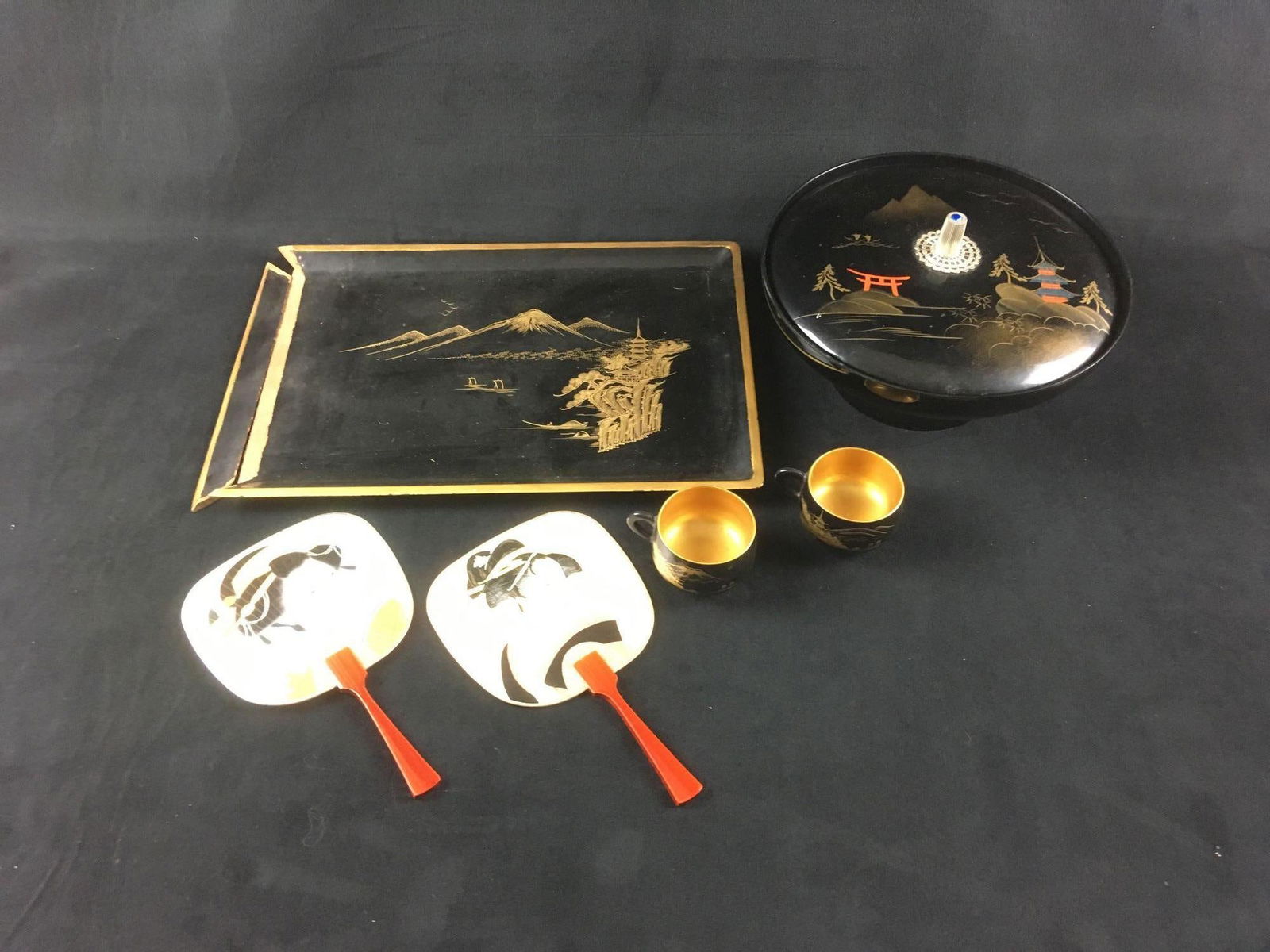 Vintage 5 Piece Lacquer ware Style Serving Set with 2 Hand Fans (1 of 6)