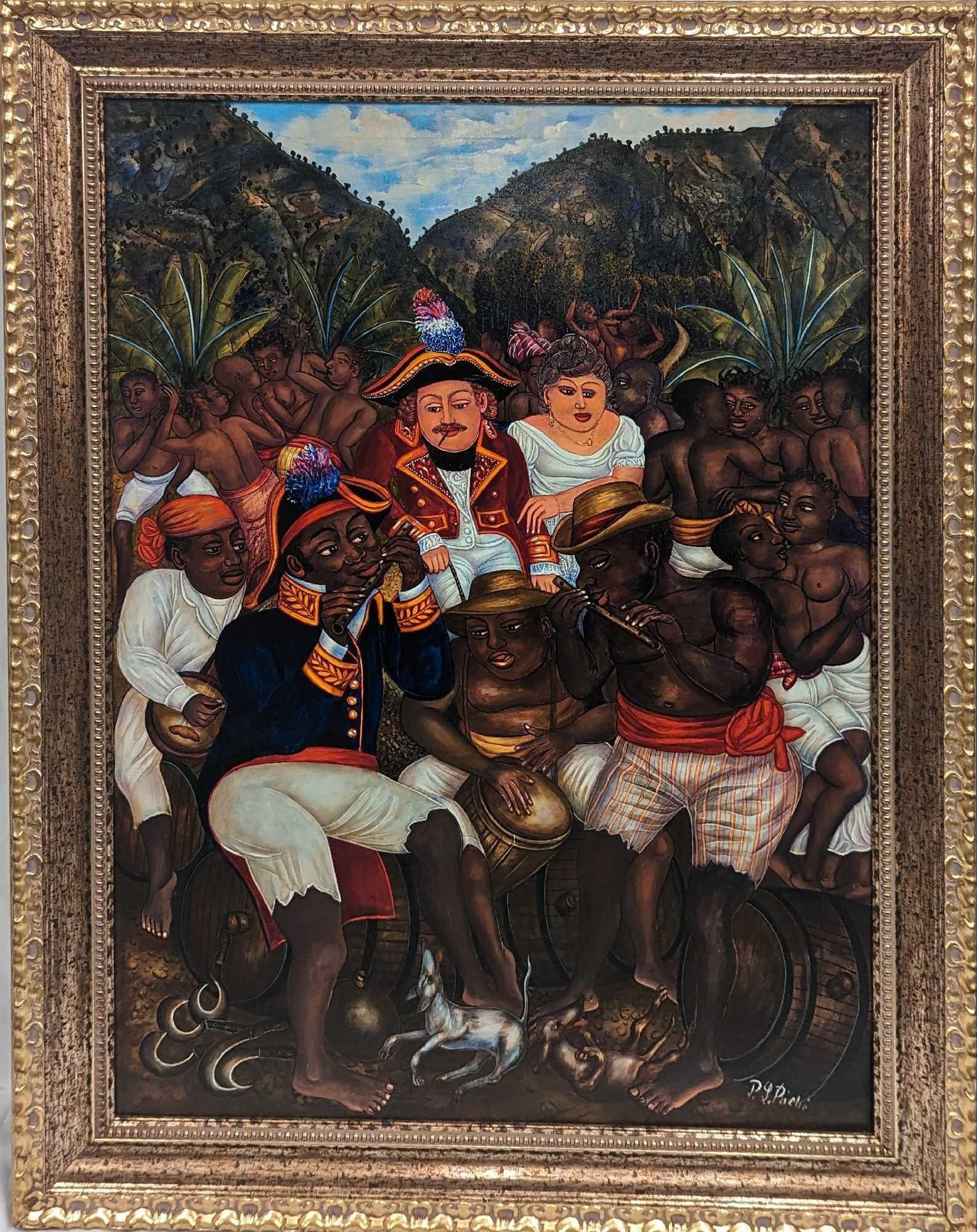 Pierre Louis Riche Original Haitian Haiti Art Painting: Pierre Louis Riche Original Haitian Haiti Art Painting. This framed original oil on canvas is approx 37" x 1 1/2" x 47 3/8" and it weighs 17.00 lbs. The bottom right of the canvas is signe
