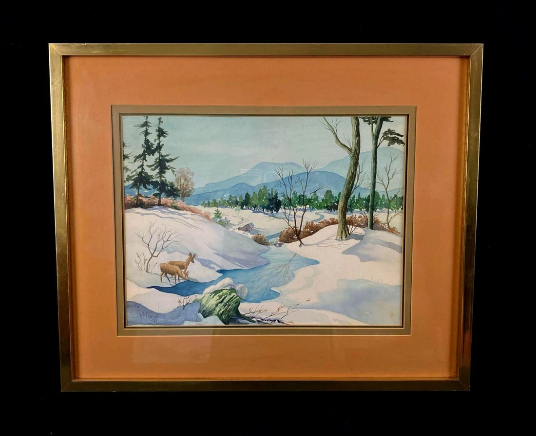 Vintage Framed Original WM Preridi Water Color Winter Deer Scene Painting: Vintage Framed Original WM Preridi Water Color Winter Deer Scene Painting This painting is in very good condition not much known about the artist. Measurements are 19" x23"