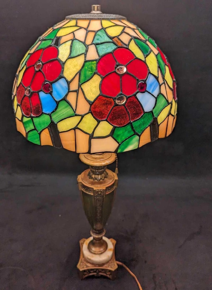 Vintage Rembrandt Desk Lamp With Tiffany Style Shade: Vintage Rembrandt Desk Lamp With Tiffany Style Shade. The lamp is approx 4" x 4" x 24 3/8" (without the harp, it's 18 1/4"). The lampshade is approx 12" x 12" x 7 3/8".