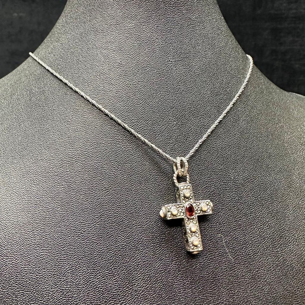 Sterling Silver Marcasite Garnet Cross Pendant: This piece of jewelry has been tested and researched prior to listing. Please view all our pictures they are part of our description. DETAILS: Metal - Sterling Silver Color - Silver Stones - Garnet, M