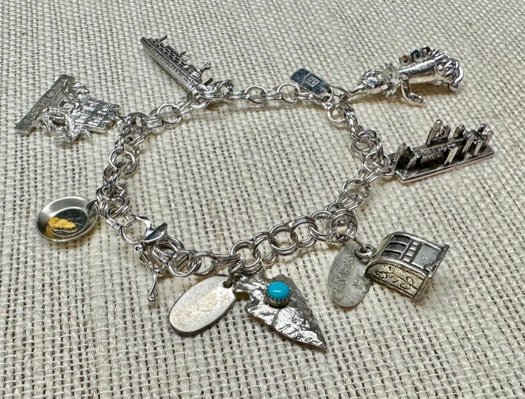 Vintage Sterling Silver Travel Charm Bracelet: This piece of jewelry has been tested and researched prior to listing. Please view all our pictures they are part of our description. DETAILS: Metal - 925 Sterling Silver Color - Silver Stones - none 
