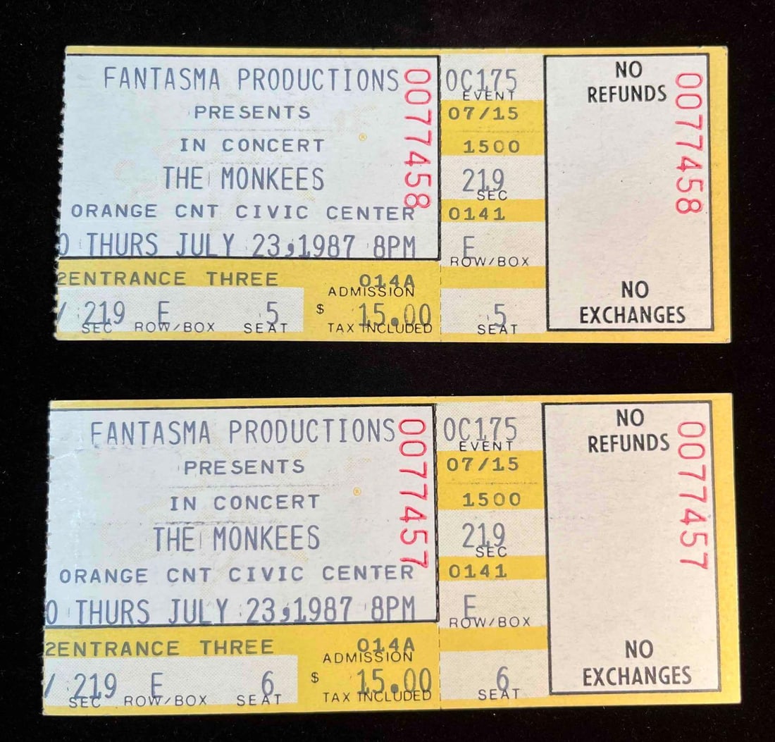 Two Vintage 1987 The Monkees Concert Tickets: This lot contains a Two Vintage 1987 The Monkees Concert Tickets. Each ticket is approx 2 1/4" x 4 1/4" and it weighs about 0.1oz. Overall the vintage concernt tickets are in good used conditi