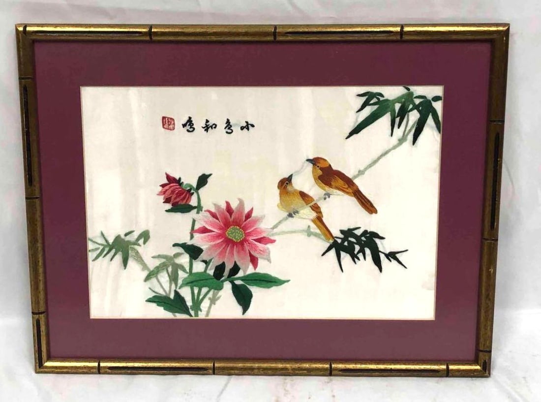 Vintage Art Mixed Media Two Birds Needle Point On Silk (1 of 5)