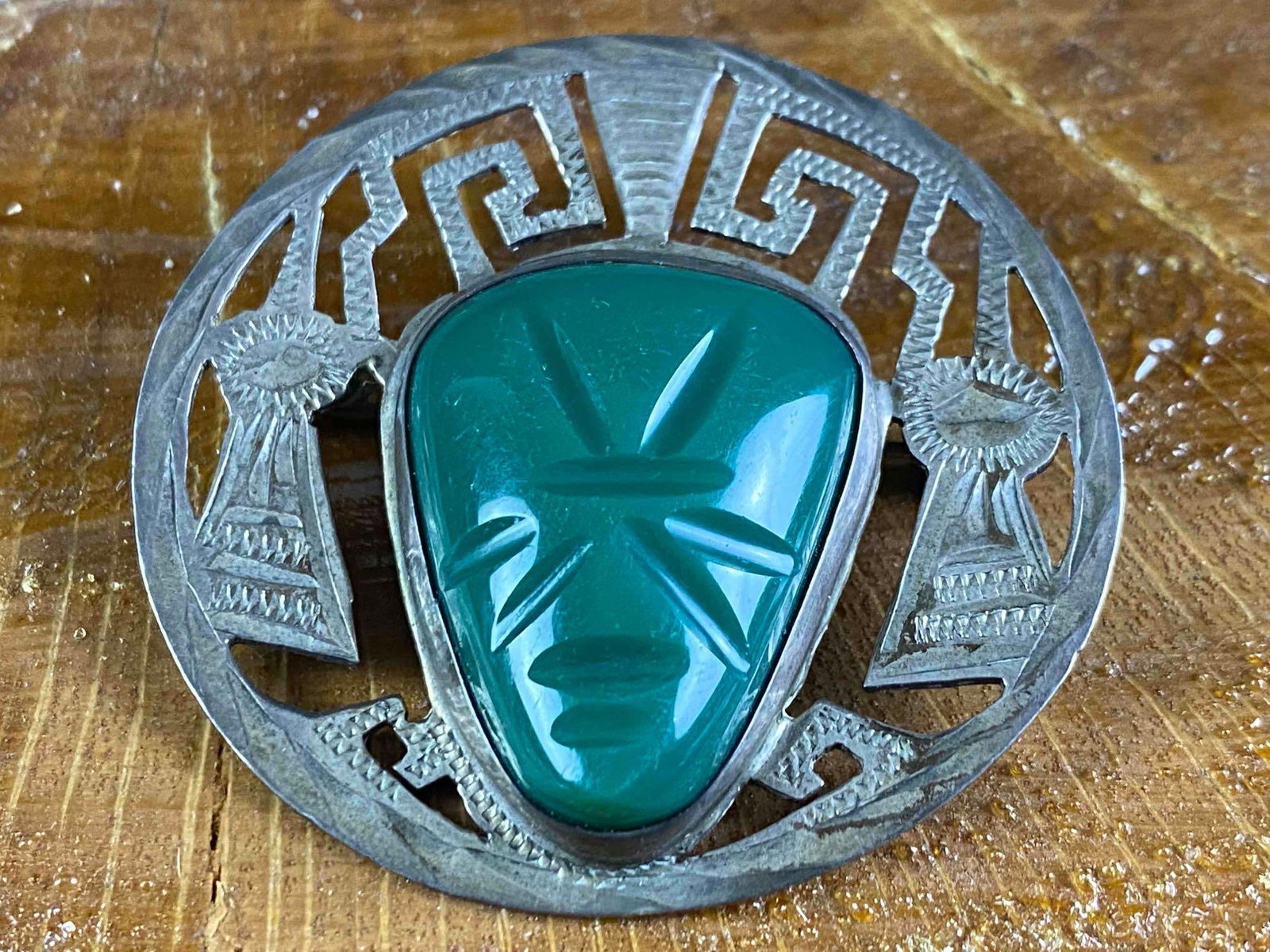 Vintage Sterling Silver Aztec Mexico Jade Brooch / Charm (1 of 7)