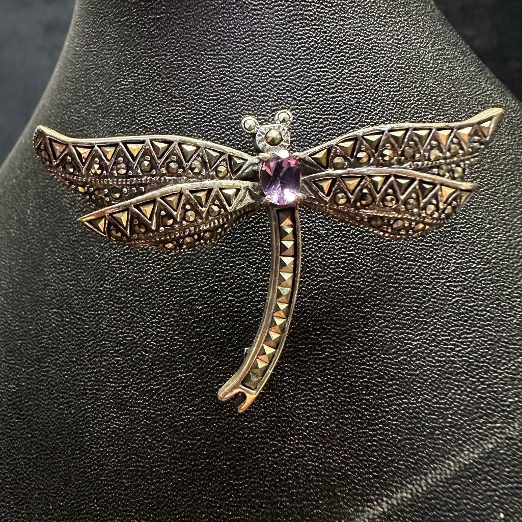 Sterling Silver Marcasite Amethyst Dragonfly Brooch: This piece of jewelry has been tested and researched prior to listing. Please view all our pictures they are part of our description. DETAILS: Metal - Sterling Silver Color -Silver Stones - Amethyst, 