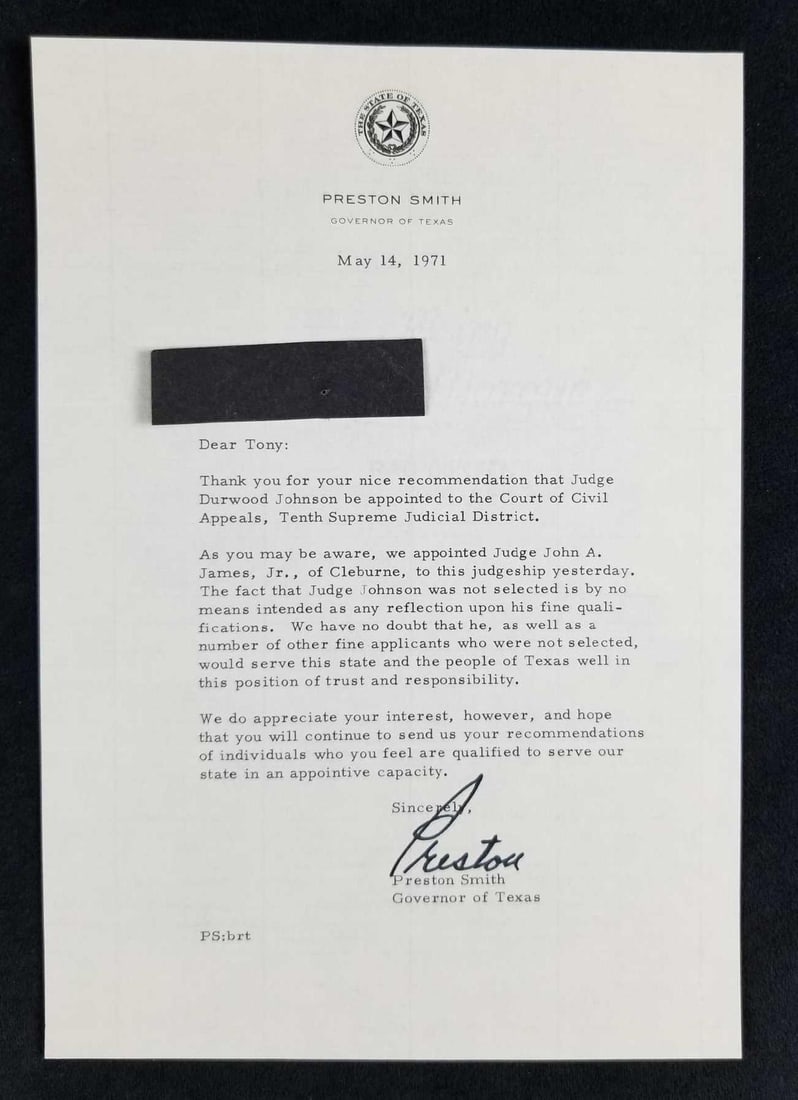 Signed Letter from Preston Smith, Texas Governor (1 of 5)