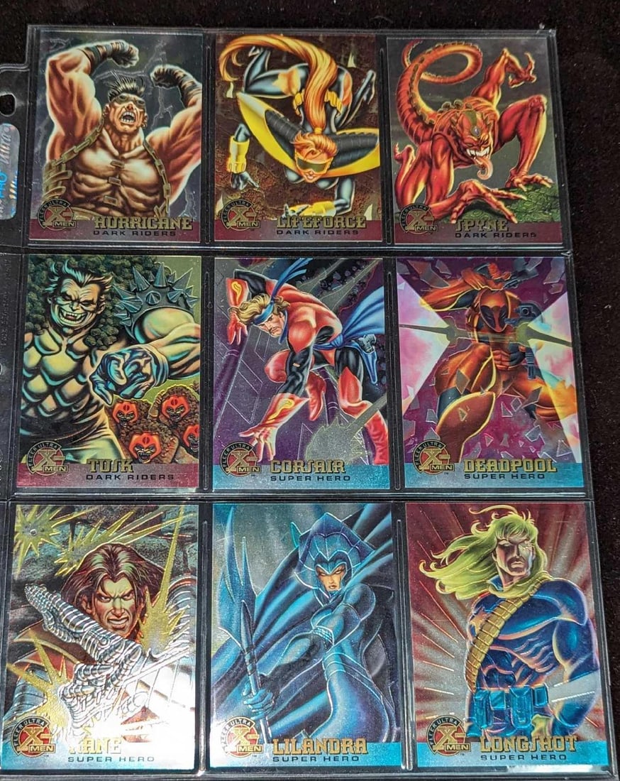 9 Fleer Ultra X-Men Chromium Trading Cards J: 9 Fleer Ultra X-Men Chromium Trading Cards J. This lot includes: (1) Hurricane #46. (1) Lifeforce #47. (1) Spyne #48. (1) Tusk #49. (1