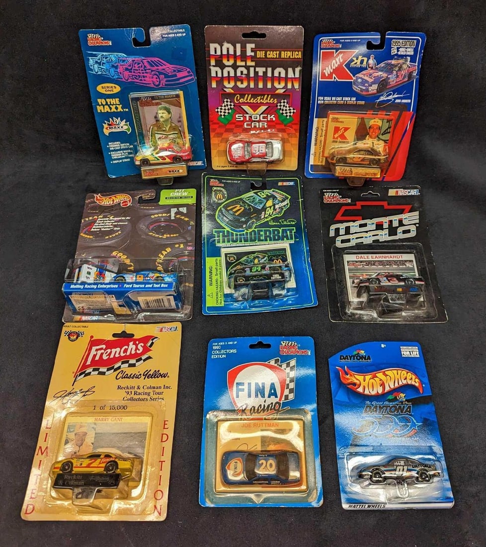 9 Die Cast NASCAR Daytona Batman Cars: 9 Die Cast NASCAR Daytona Batman Cars. This lot contains: (1) Hot Wheels Daytona 500 Car. Was released in 2000 for the 2001 Daytona 500. It comes in its original package which is approx 4 1/4" x 1