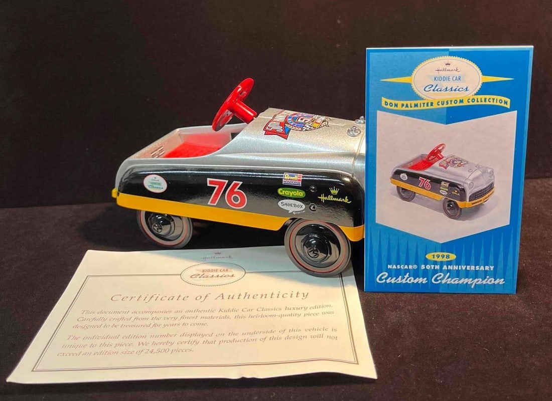 Kiddie Car Classic "1998 NASCAR 50th Anniversary Custom Champion" With COA & Hallmark Card: This lot contains a Kiddie Car Classic "1998 NASCAR 50th Anniversary Custom Champion" With COA & Hallmark Card. It is approx 6 1/4" x 2 3/4" x 3 3/4" and it weighs about 1lb. O