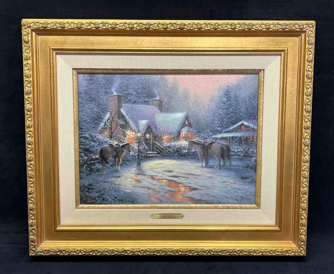 Hand Signed Thomas Kinkade Gallery Proof "Christmas Cottage VII" With COA: This lot contains a Thomas Kinkade Gallery Proof On Canvas "A Christmas Welcome Christmas Cottage VII" With COA. The Offset Lithograph is hand-signed, numbered and designated G./P. The purchas