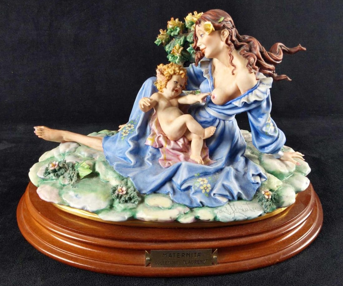 Laurenz By Capodimonte Mother With Child LE: Capodimonte porcelain figurine of a mother and child in a garden. Was hand-painted and limited edition. #309 out of #1500. This is a sold out edition. Is approx 14" x 8" x 9". Is in good,
