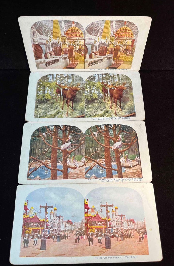 1904 T.W. Ingersoll Stereograph Cards No.26- 39: This lot contains a 1904 T.W. Ingersoll Stereograph Cards No.26- 39. Each card is approx 3 3/4" x 7" and the stack weighs about 0.2lbs. Overall the Stereograph Cards are in good used condition