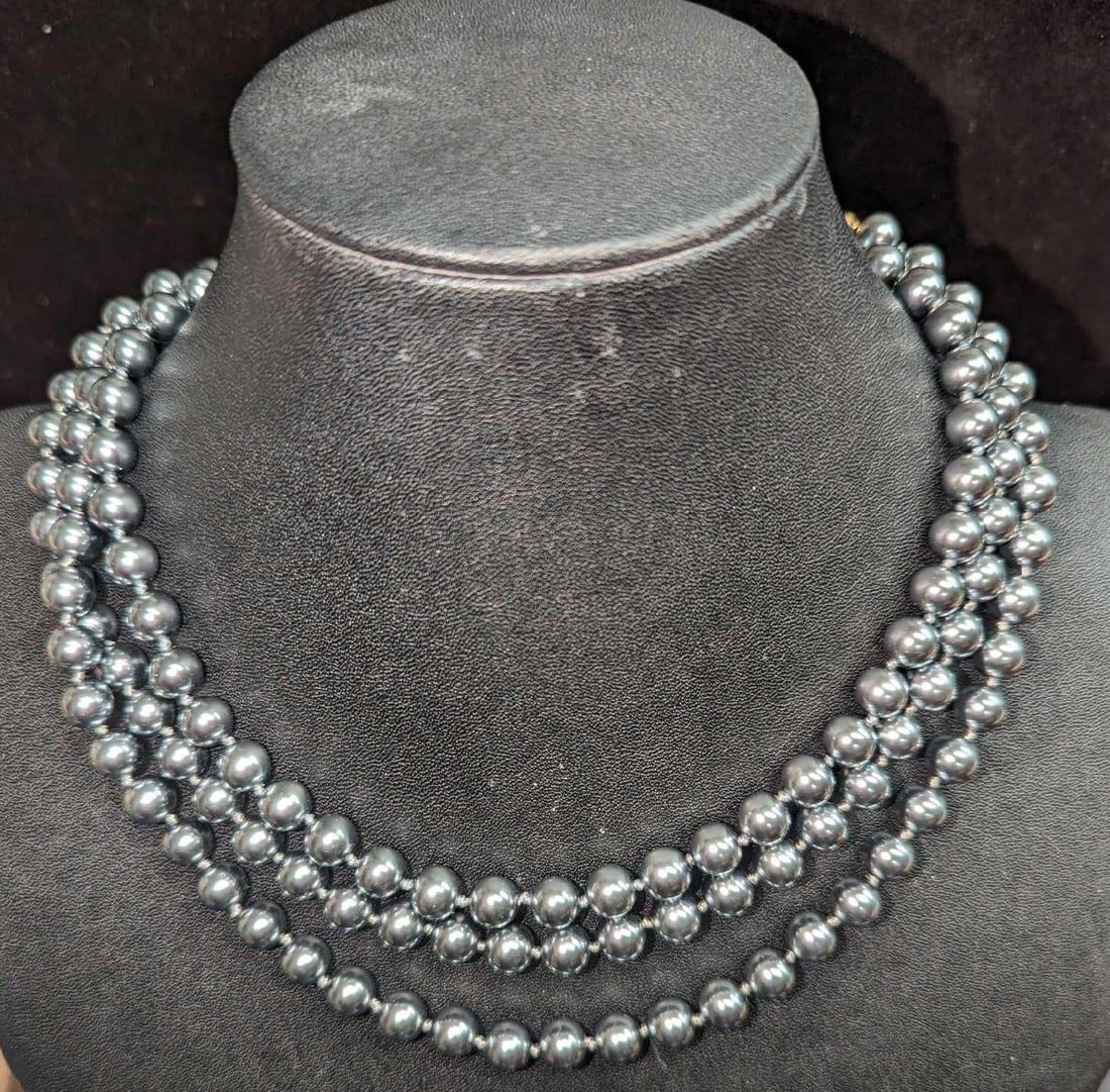 Kenneth Jay Lane Triple Strand Faux Gray Pearl Necklace (1 of 2)