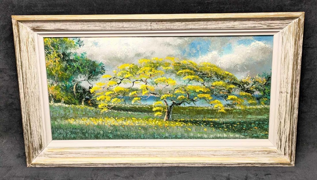 Highwaymen Sam Newton Original Oil On Panel Yellow Poinciana R42: Highwaymen Sam Newton Original Oil On Panel Yellow Poinciana R42. The Florida Highwaymen framed original is approx 28" x 2" x 16" and it weighs 3.30 lbs. Of the five Newton brothers, three