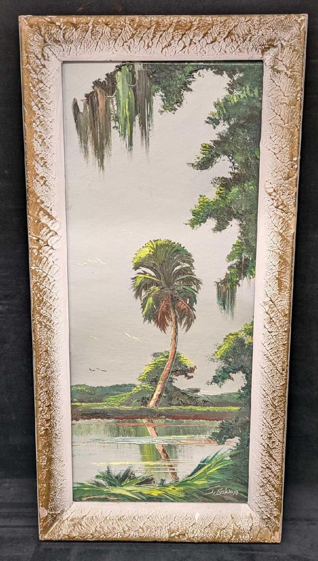 Highwaymen James Gibson Original Oil On Panel Palm Swamp R42: Highwaymen James Gibson Original Oil On Panel Palm Swamp R42. The framed Florida Highwaymen original is approx 15 1/2" x 1 1/5" x 31 1/2" and it weighs 3lbs. The framed original was signed