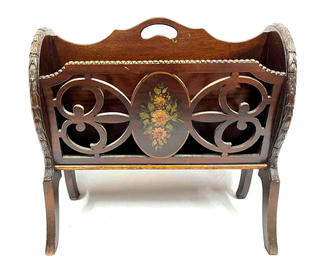 Vintage Wood Newspaper Rack: This lot contains a Vintage Wood Newspaper Rack. It is approx 20 1/4" x 9" x 19 1/4". Total weight is approx 8.5lbs. Overall the Vintage wood Newspaper rack is in average used condition as