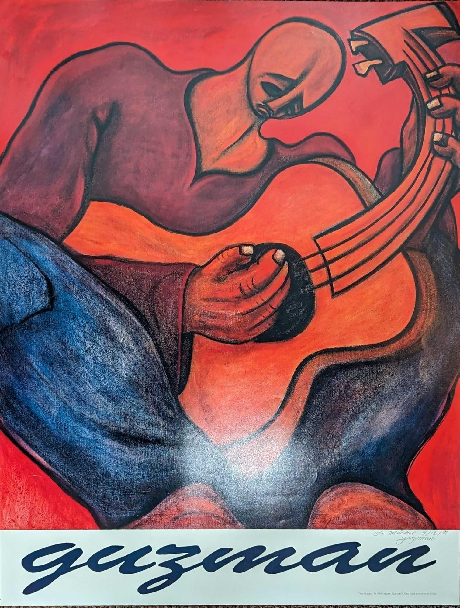 Signed Gilberto Guzman The Guitarist Poster Print: Signed Gilberto Guzman The Guitarist Poster Print. The signed poster is 23" x 30" and it weighs 0.20lb. The poster has small rips and some creases due to storage.