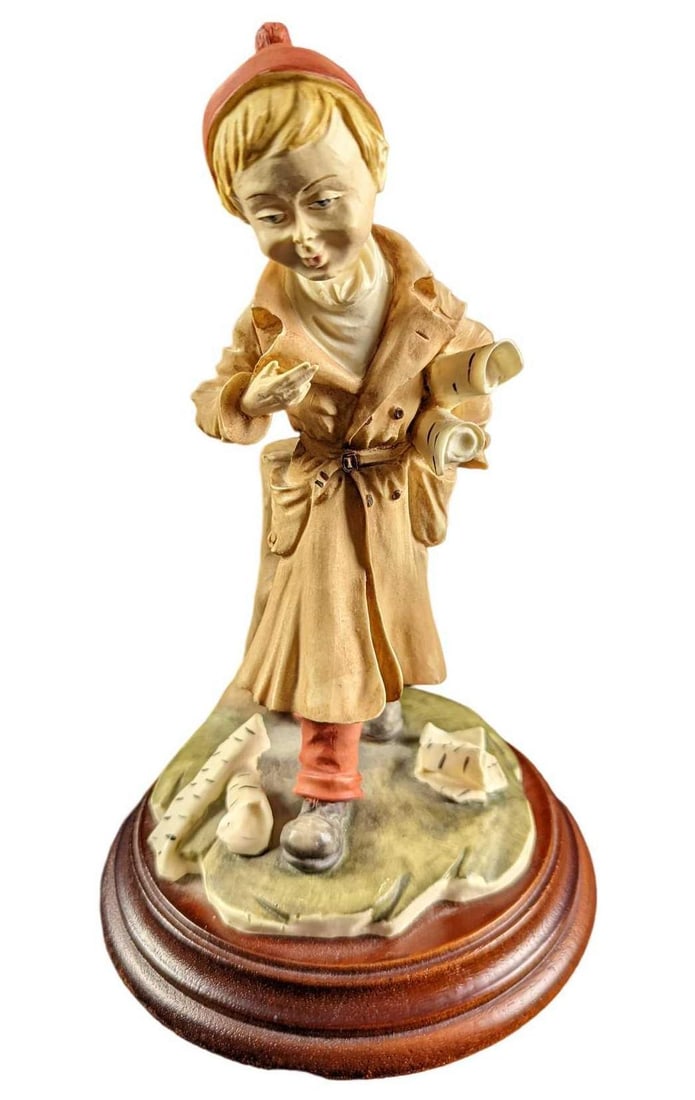 Capodimonte Porcelain Boy With Papers Figurine: Capodimonte Porcelain Boy With Papers Figurine. The figurine is approx 5 1/2" x 5 1/2" x 9" and it weighs 1.40lbs. The figurine is in a good, vintage condition with some wear on the face a