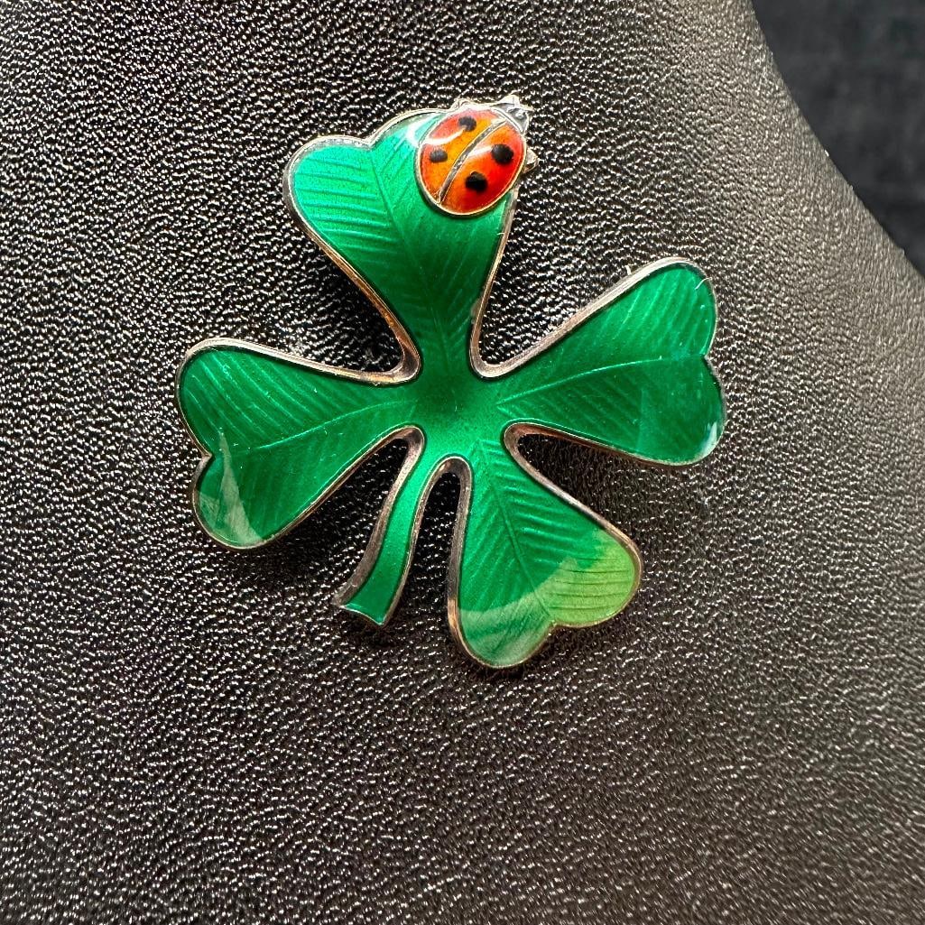 Sterling Silver Enamel Ladybug Clover Pin (1 of 2)
