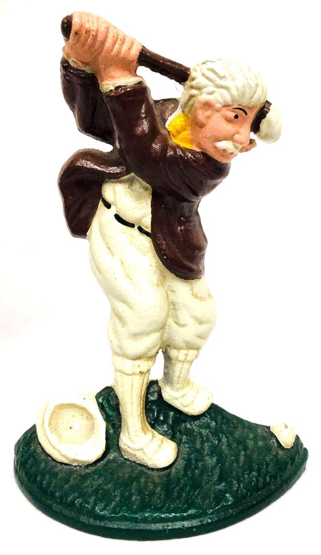 John Wright Cast Iron Golfer Doorstop: This lot contains a John Wright Cast Iron Golfer Doorstop. It is approx. 5 1/2" x 2 1/4" x 7 3/4" and it weighs about 3.3lbs. Overall the golfer is in good used condition with some light w