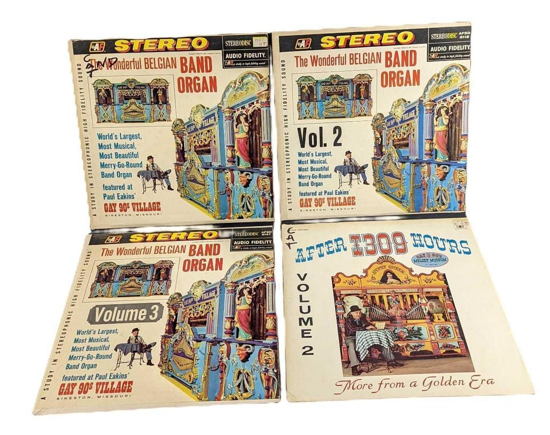 4 Gay 90s Village Belgian Band Organ LP Records: This lot includes: Music from the Belgian Band Organ. (1) Volume 1. (1) Volume 2. (1) Volume 3. (1) After 1309 Hours - More From A Golden Era Volu