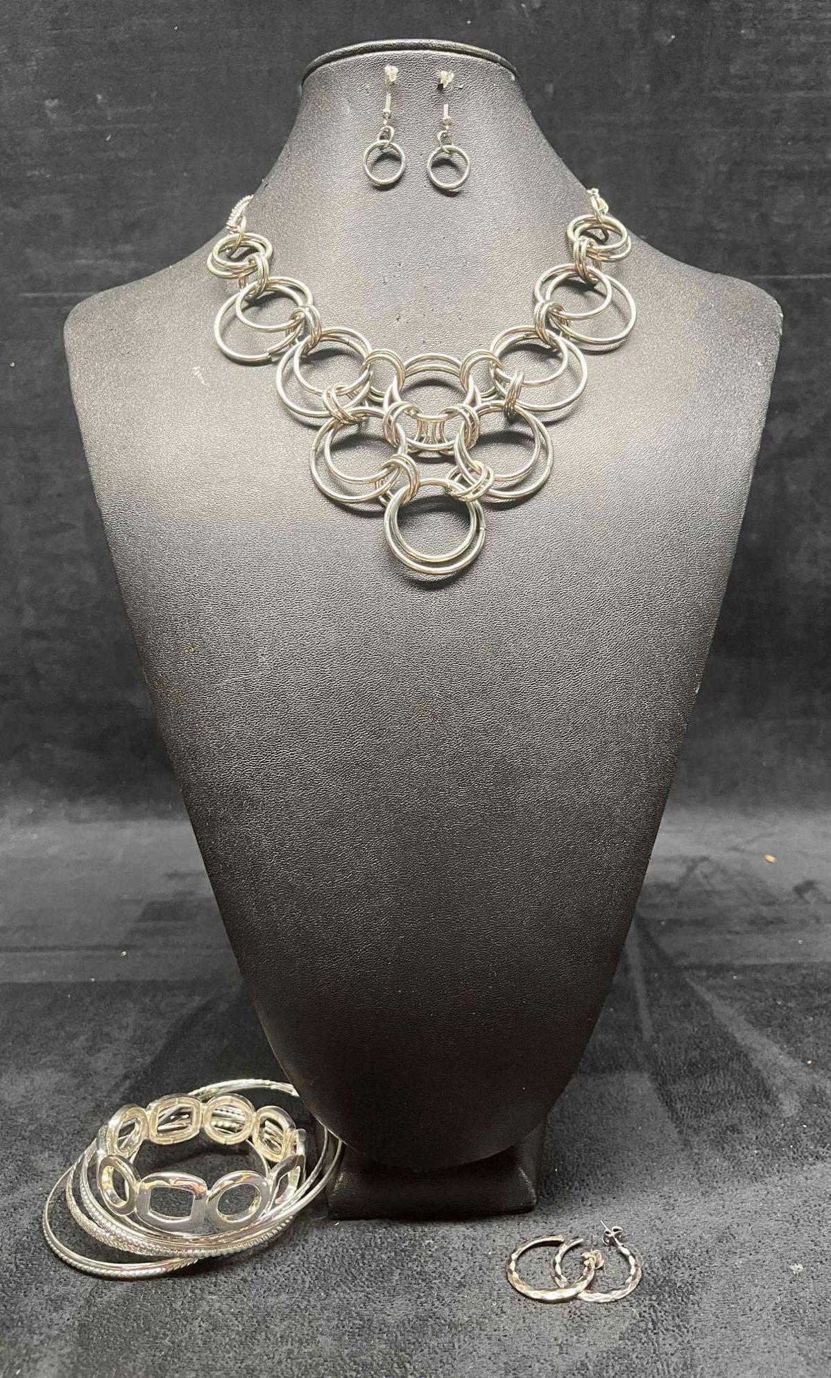 Silver Tone Costume Jewelry Bundle Necklace, Earrings & Bangle Bracelets (1 of 6)