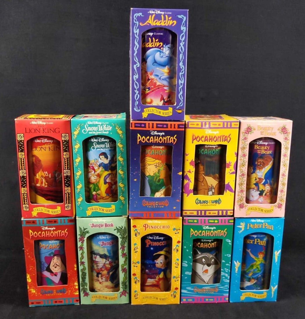 Burger King Disney Animated Theme Drinking Glasses A: This lot consists of eleven different plastic drinking glasses all animated Disney movie themed. All are in good, unused condition with some wearing on the packaging and dust on glasses. They should b